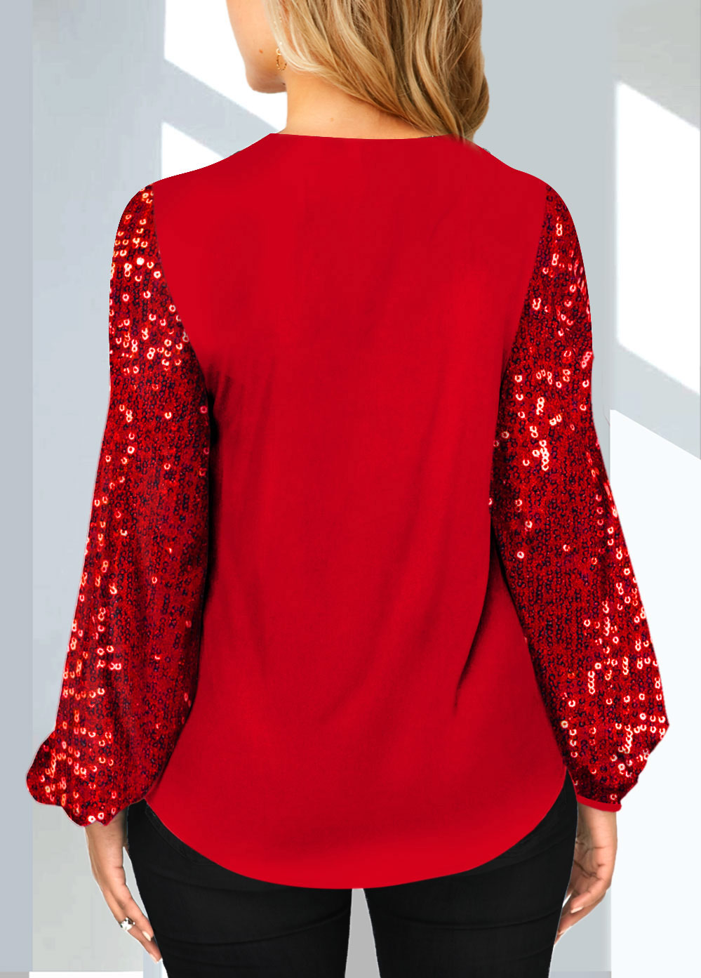 Red Cutout Sequin V Neck T Shirt