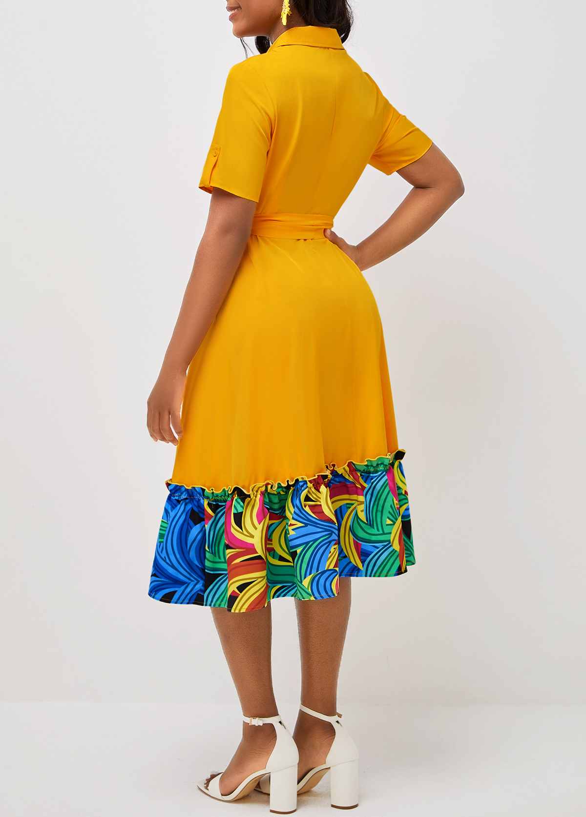 Yellow Short Sleeve Belted Turndown Collar Dress