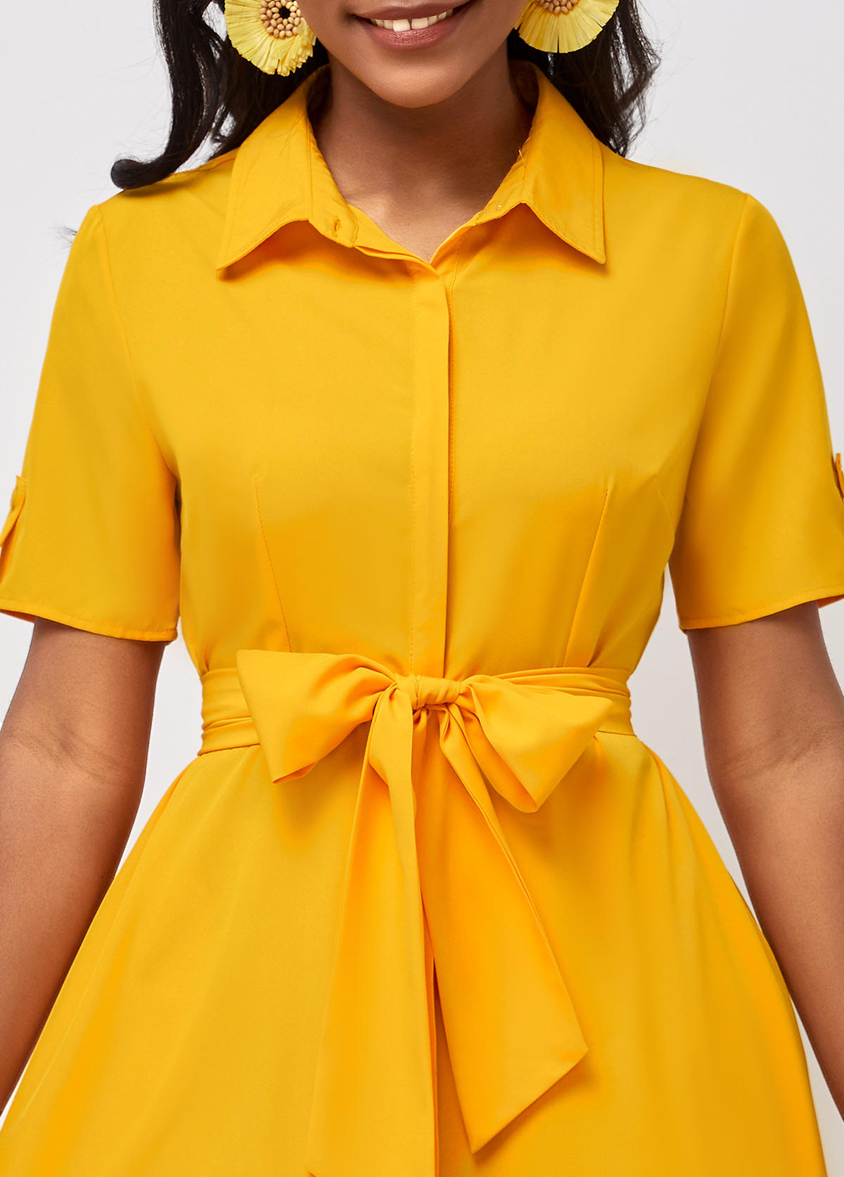 Yellow Short Sleeve Belted Turndown Collar Dress