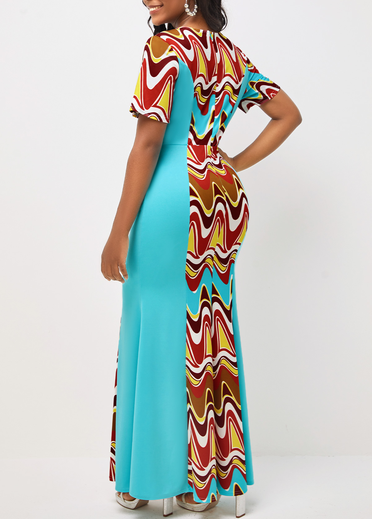 Cyan Tribal Print Short Sleeve V Neck Dress