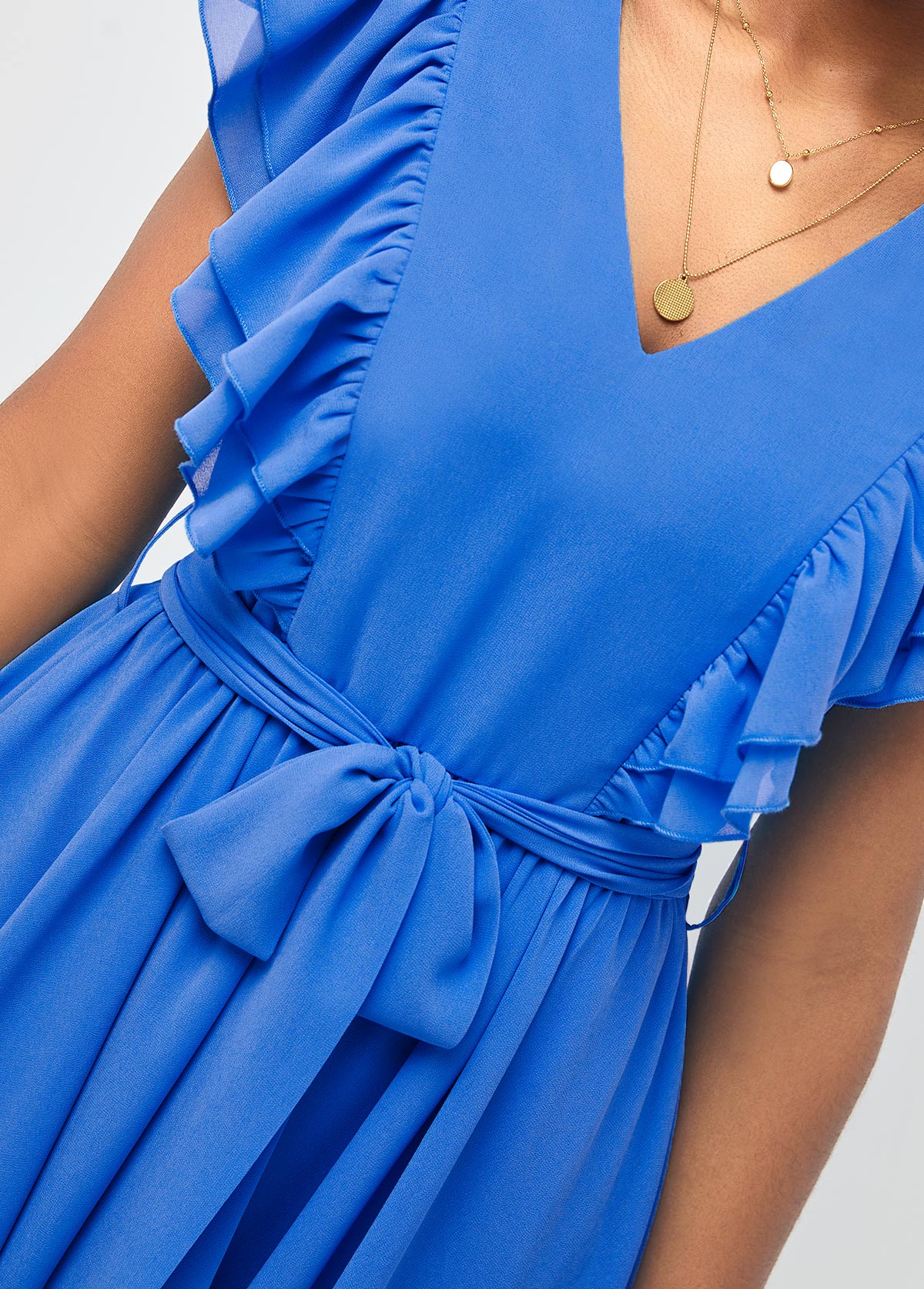 Blue Asymmetric Hem Belted V Neck Dress