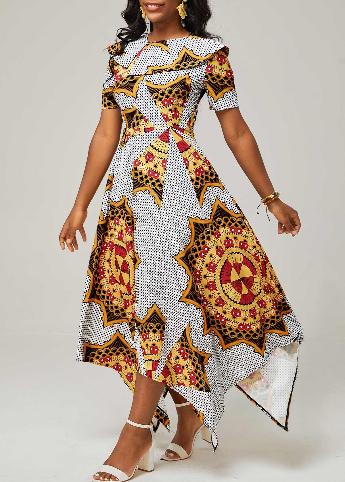 Asymmetric Hem Tribal Print Multi Color Dress