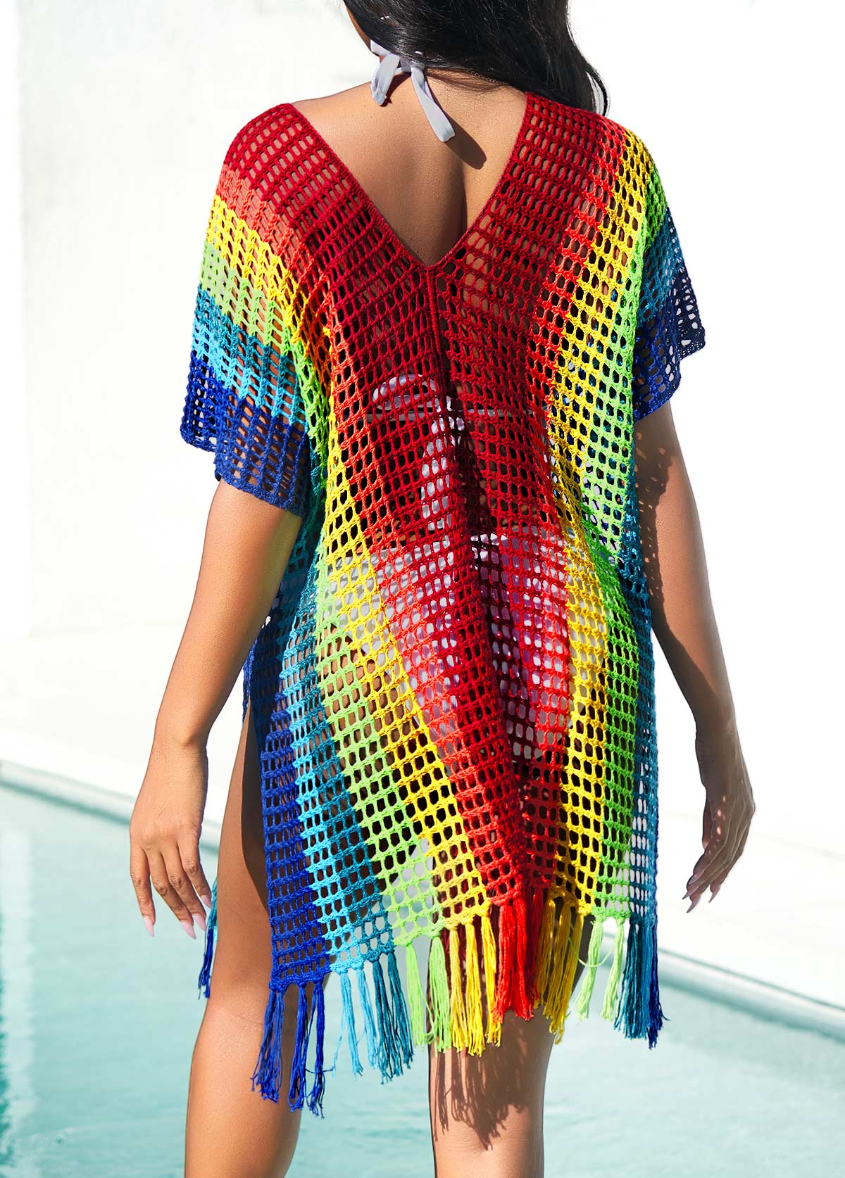 Rainbow Color Tassel Side Slit Cover Up