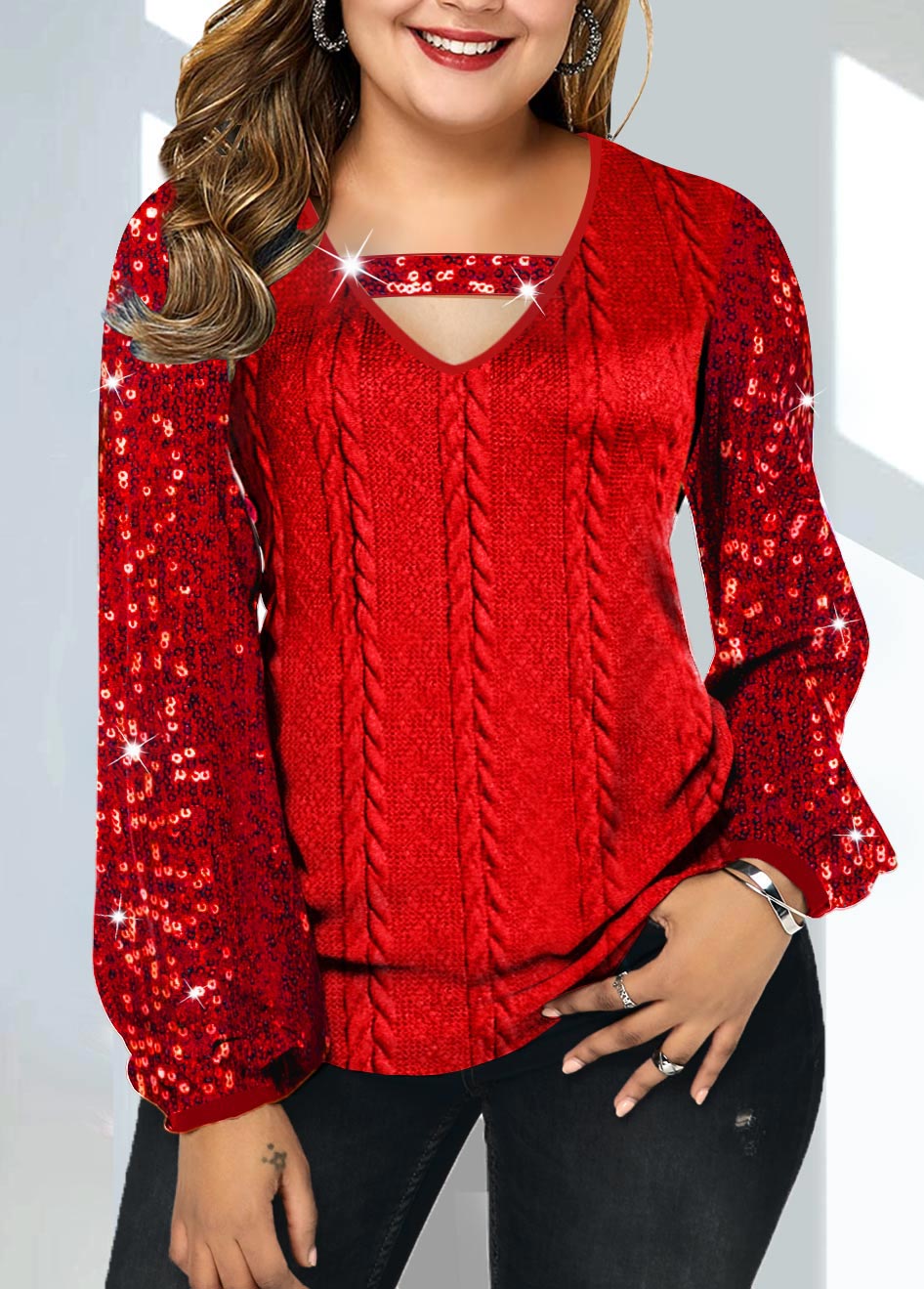 Red Sequin Plus Size V Neck T Shirt
