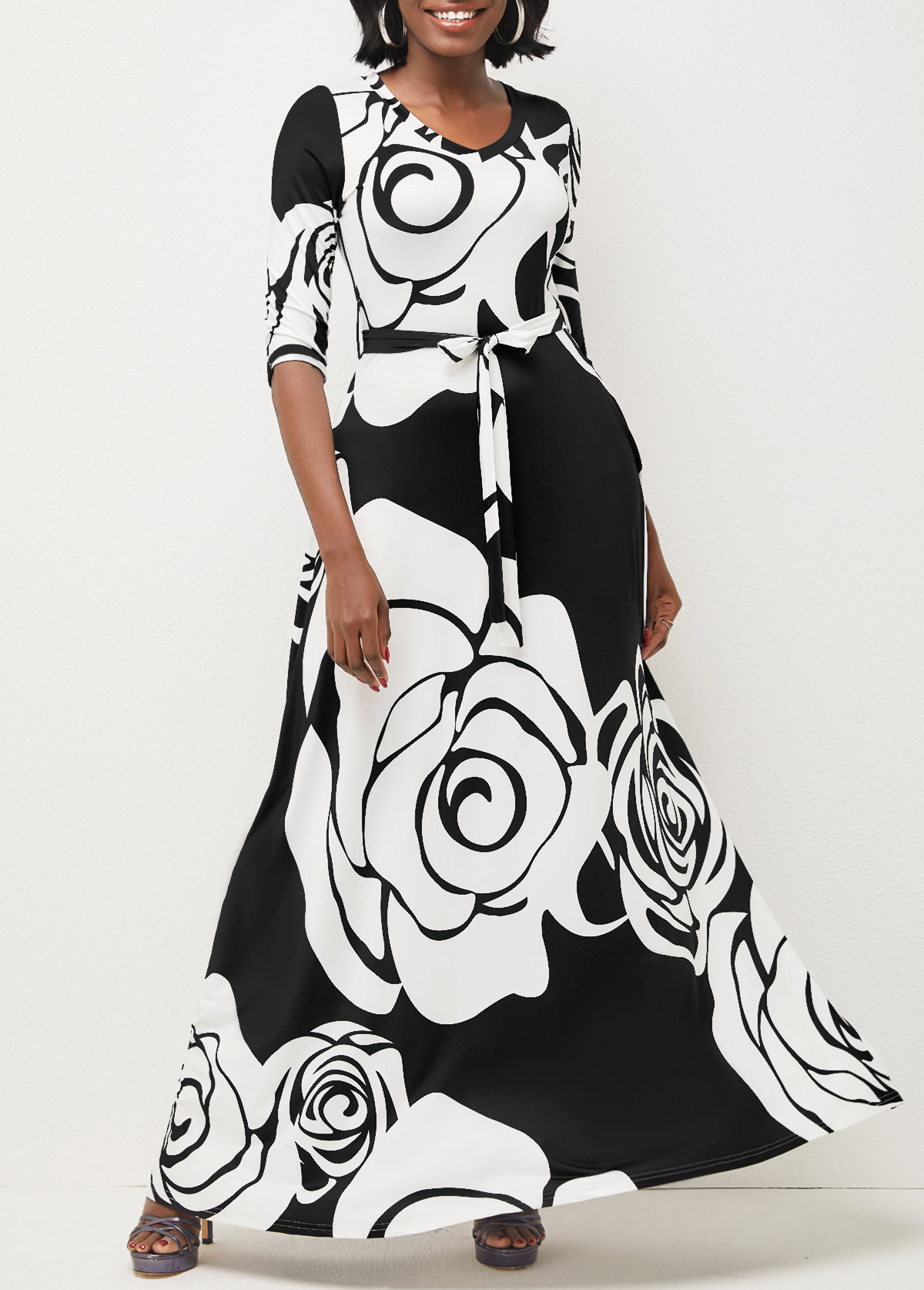 V Neck Floral Print Belted Black A Line Dress