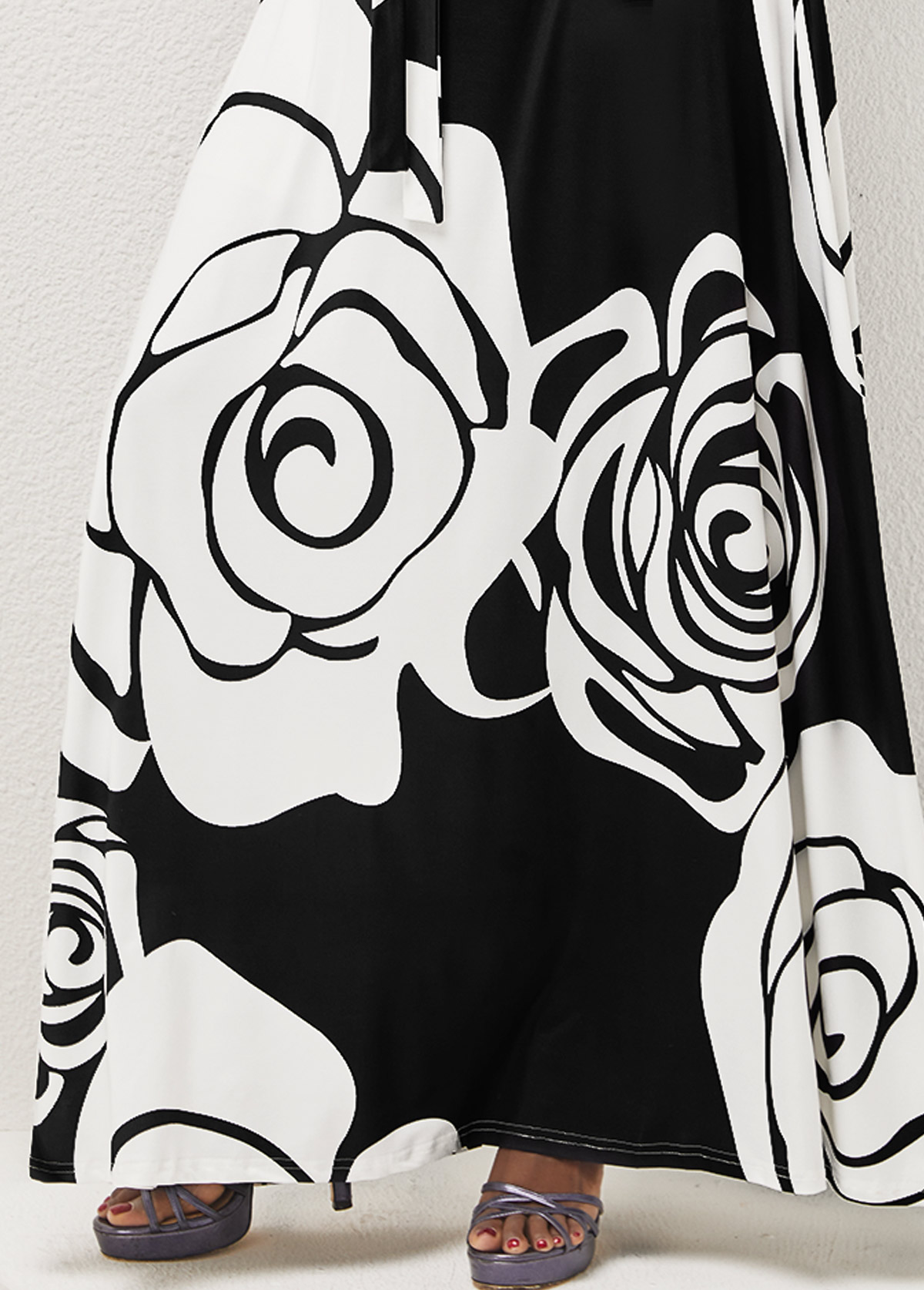 V Neck Floral Print Belted Black A Line Dress