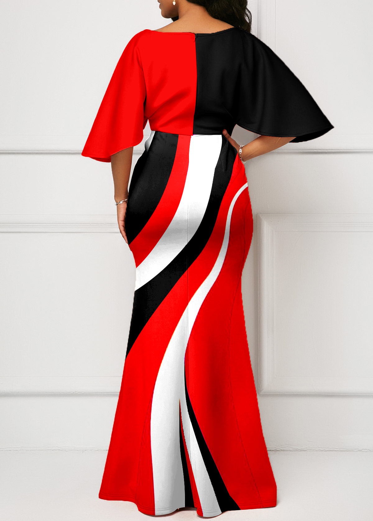 Geometric Print Red V Neck Maxi Dress
