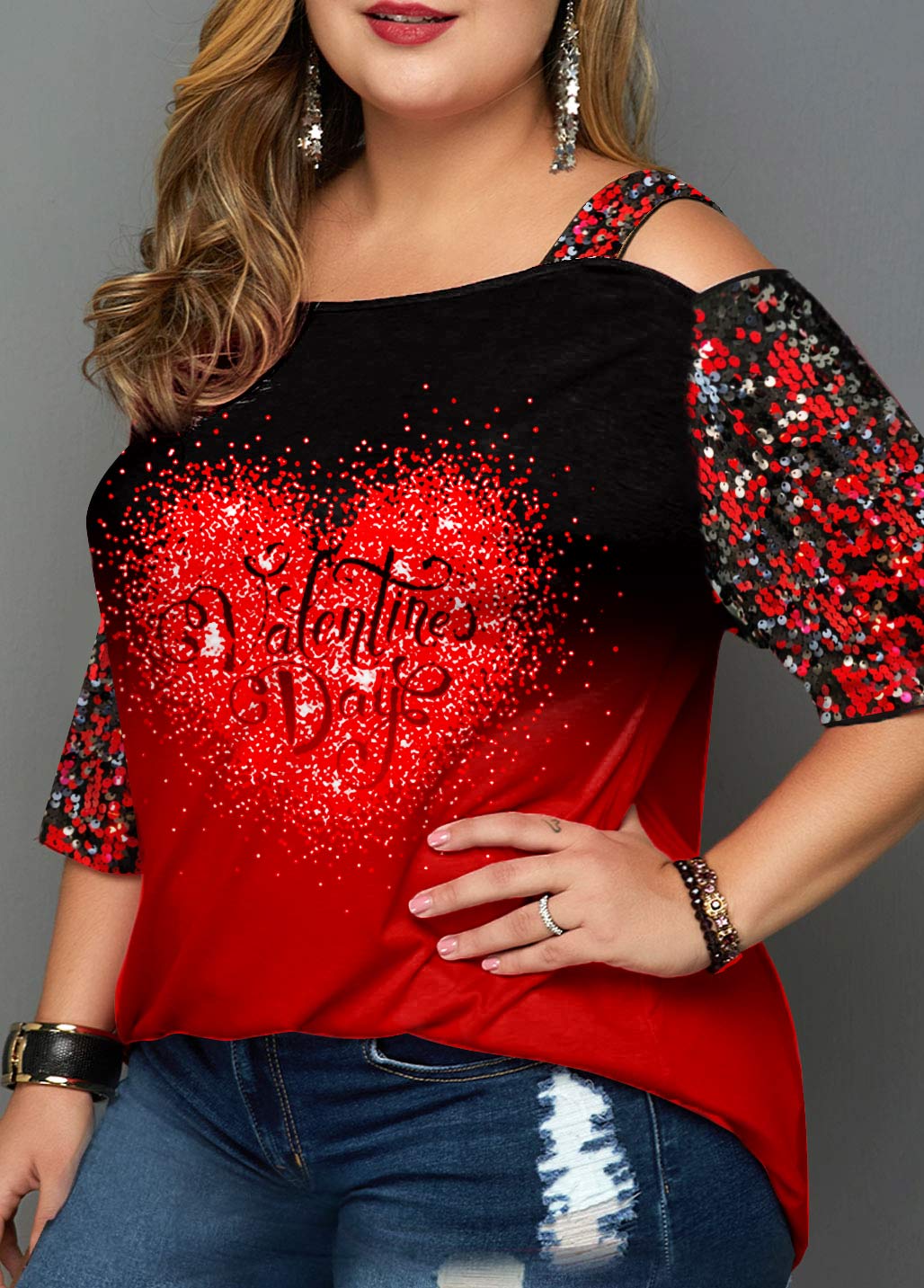 Valentines Plus Size Sequin Heart Print T Shirt