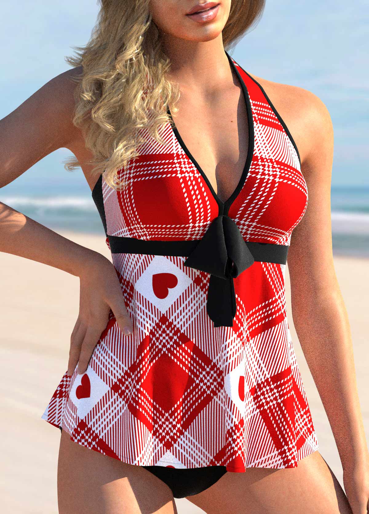 Valentines Plaid and Heart Print Red Halter Tankini Top