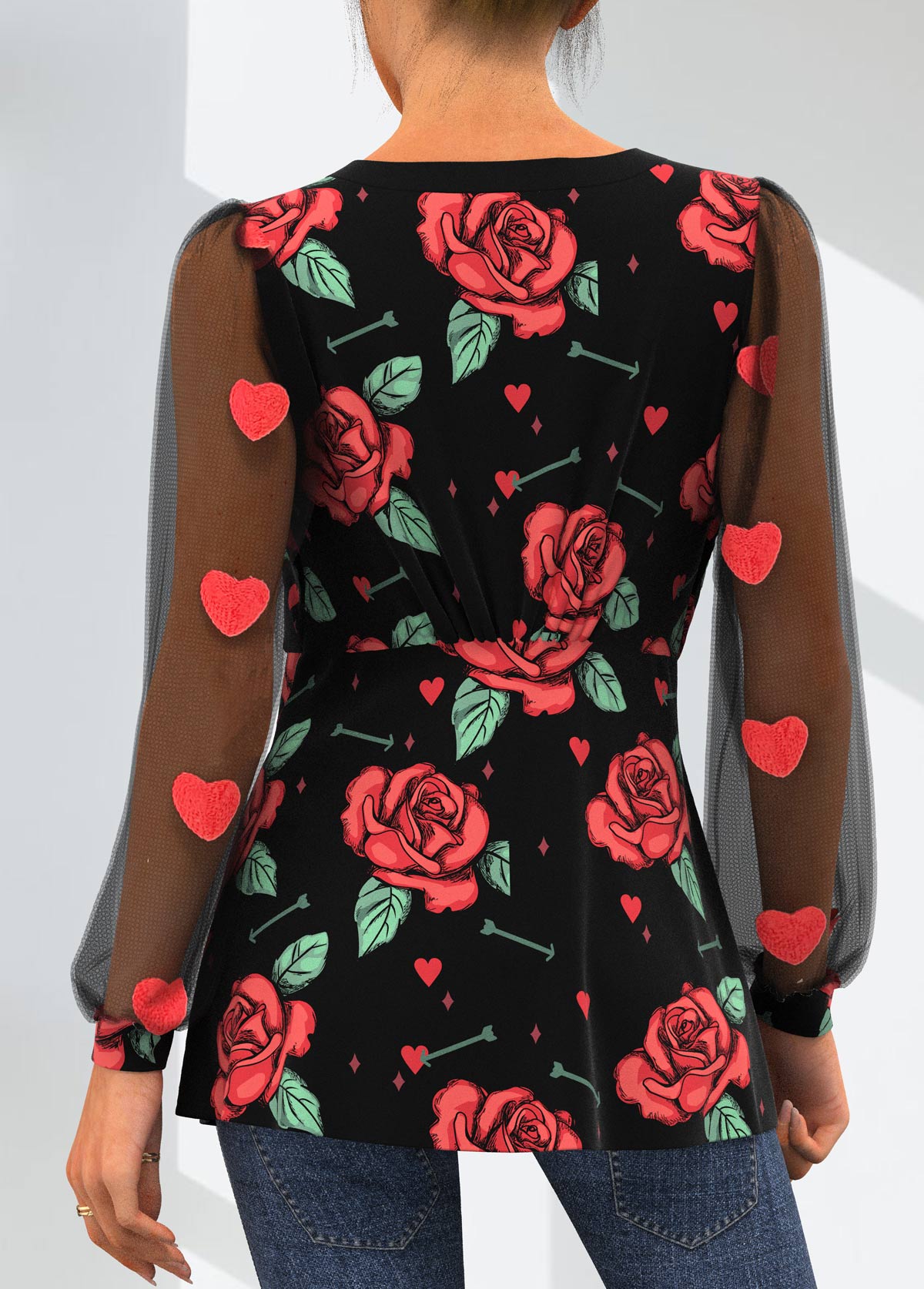 Valentines Rose Print Lace Stitching Black Blouse