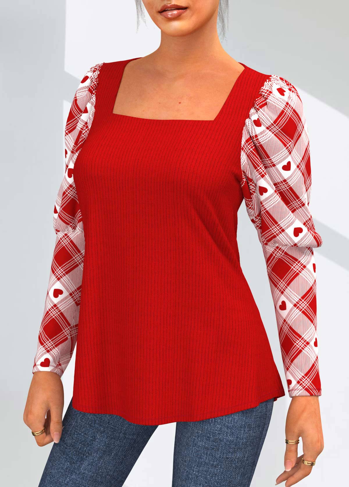 Red Square Neck Long Sleeve Valentines Plaid T Shirt