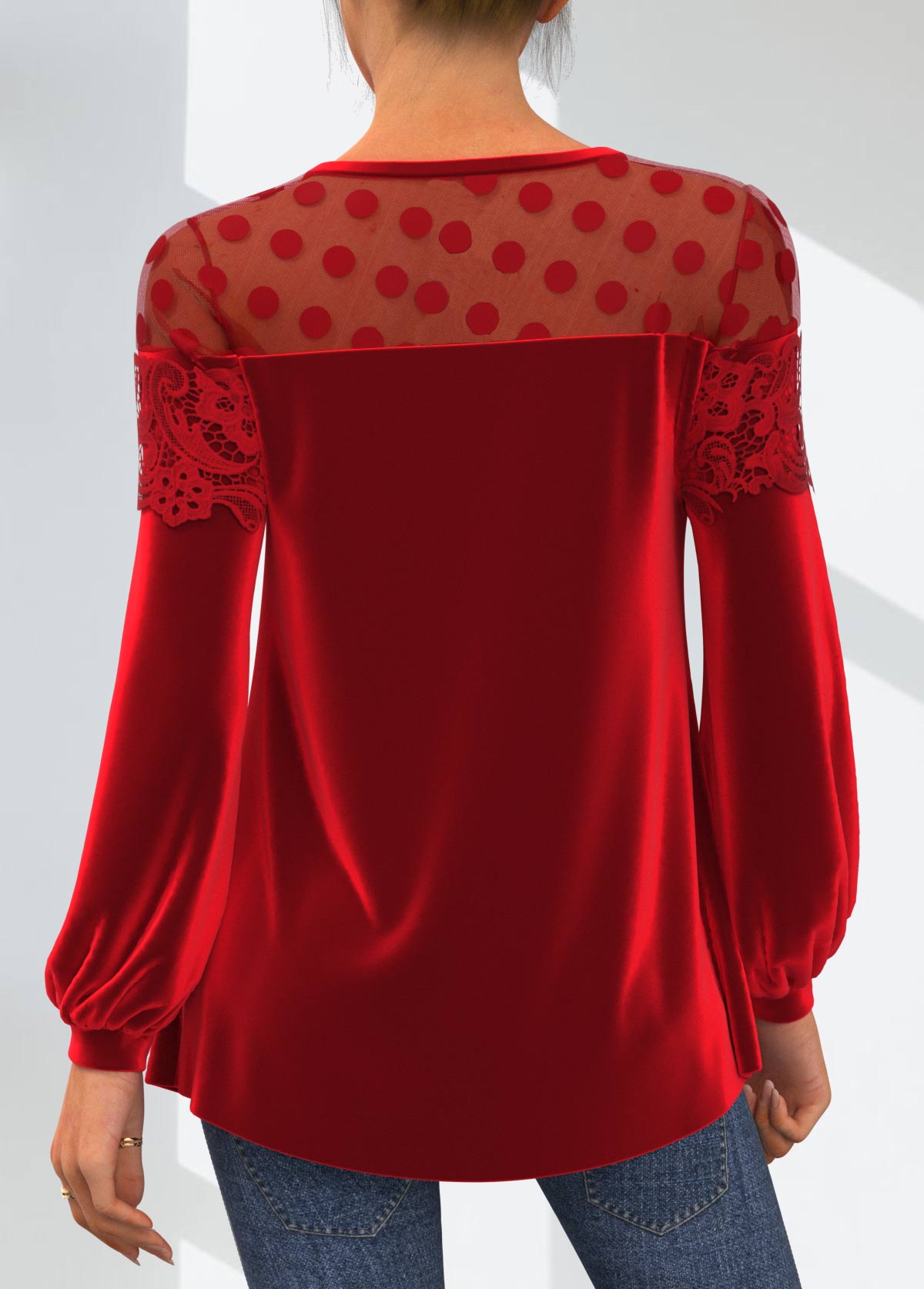 Red Valentines Lace Velvet Stitching Round Neck T Shirt