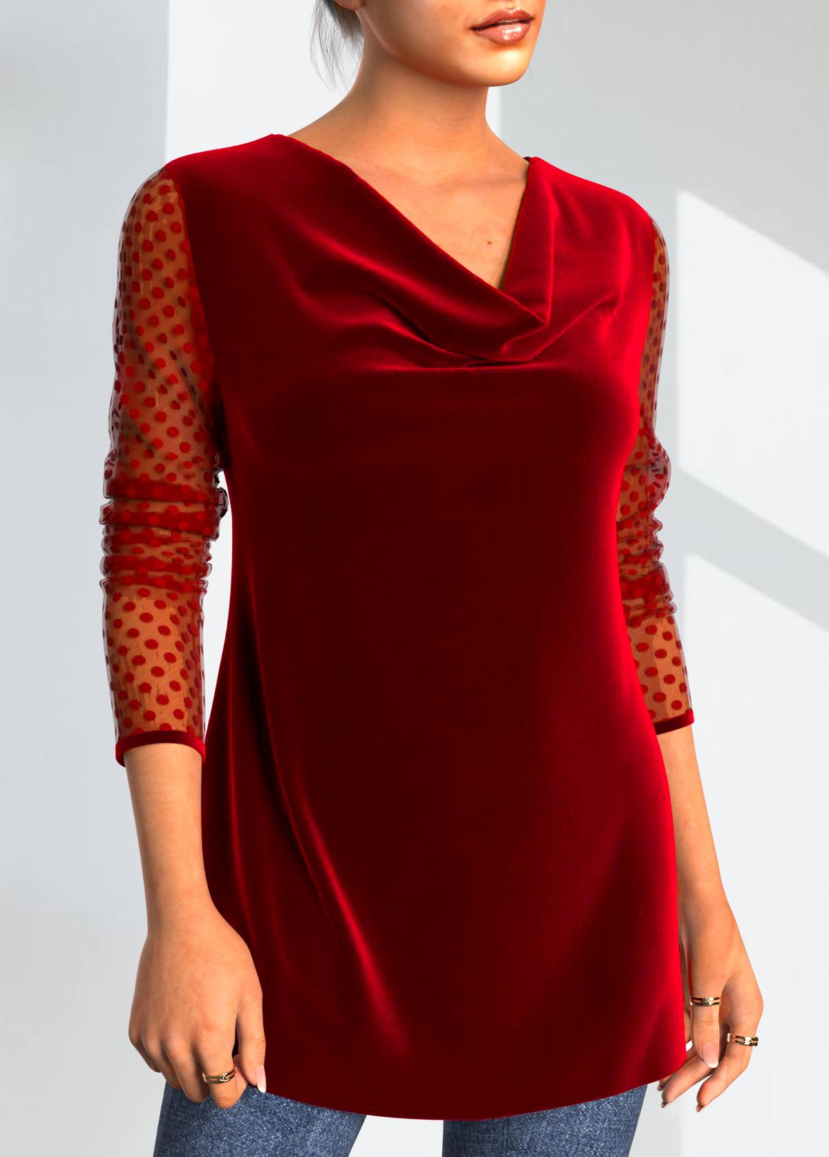 Velvet Stitching Valentines Polka Dot Red T Shirt