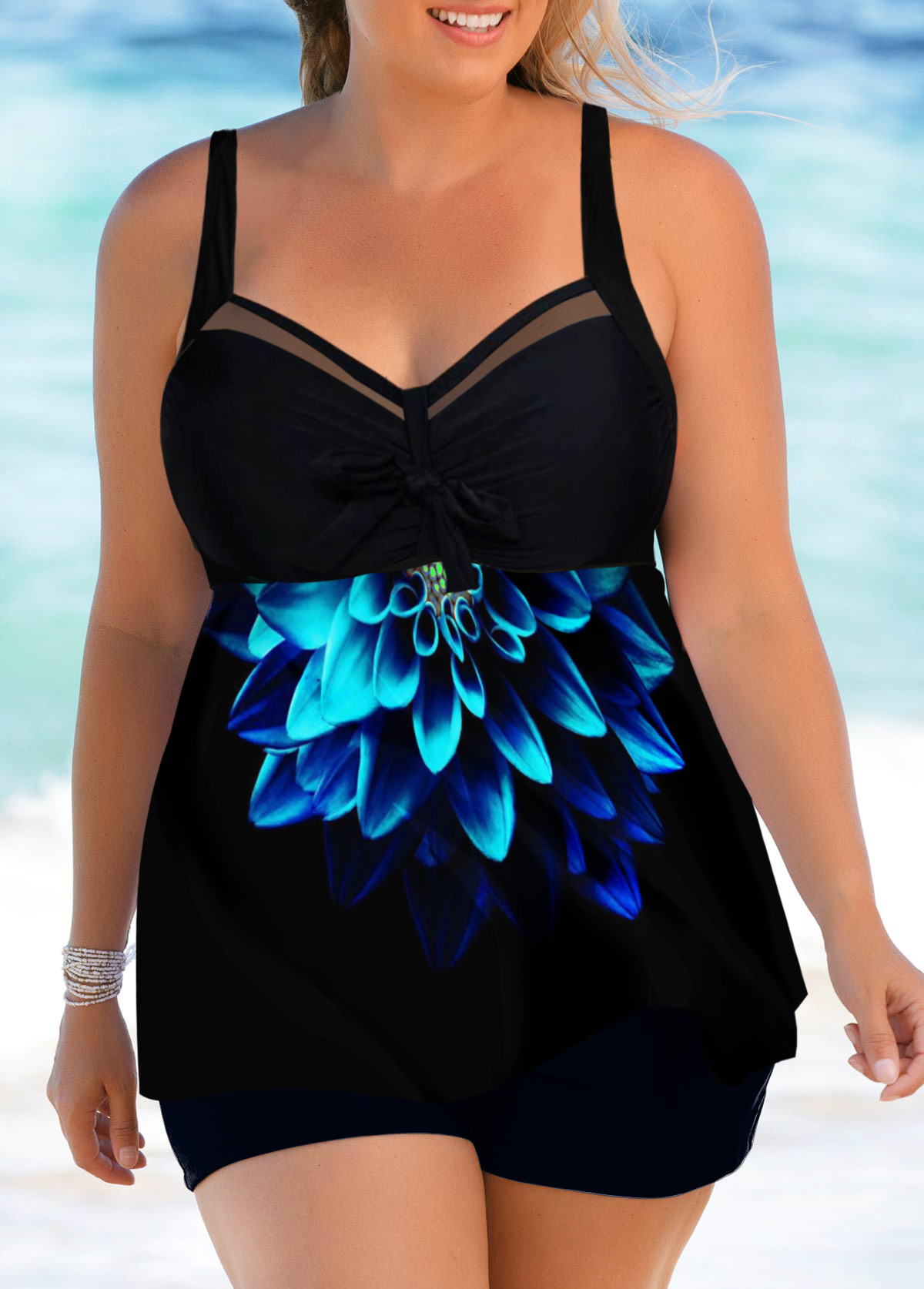 Plus Size Floral Print Blue Swimdress Top