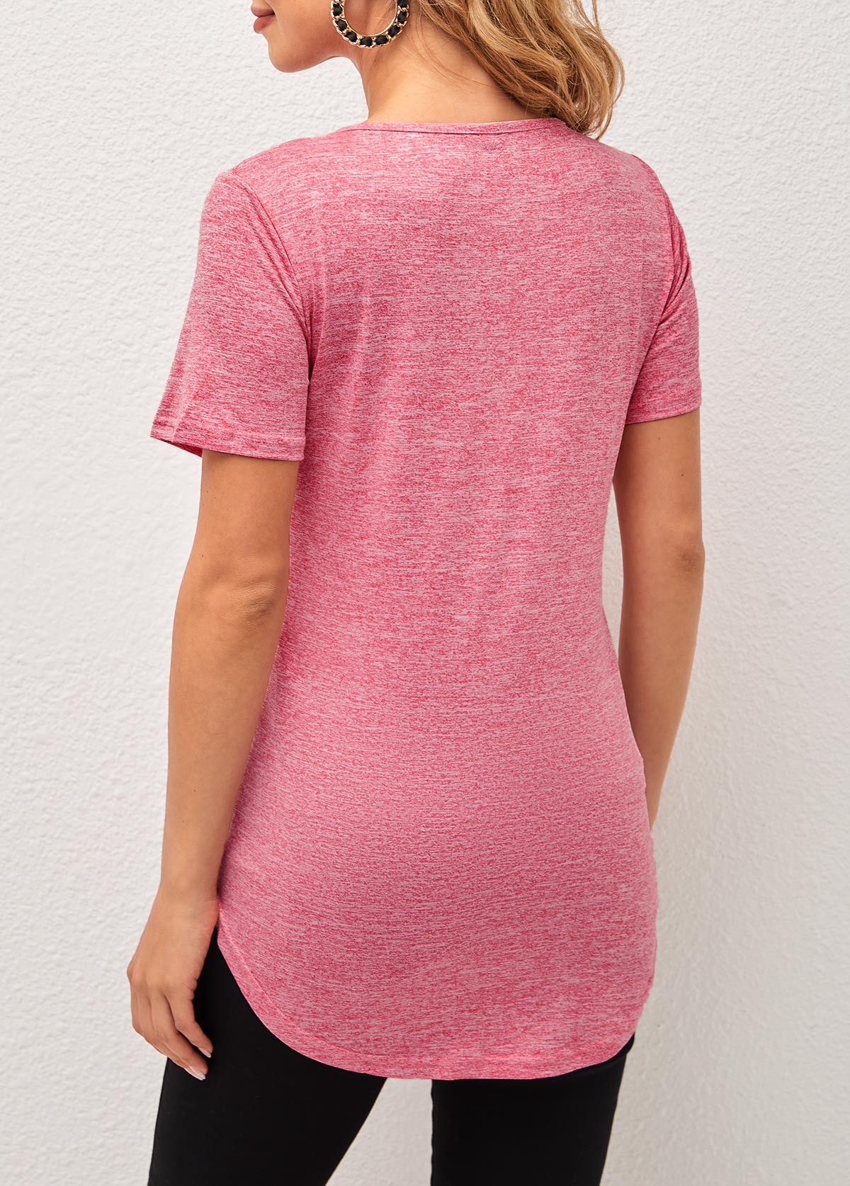 Tassel Detail Short Sleeve V Neck Pink T Shirt