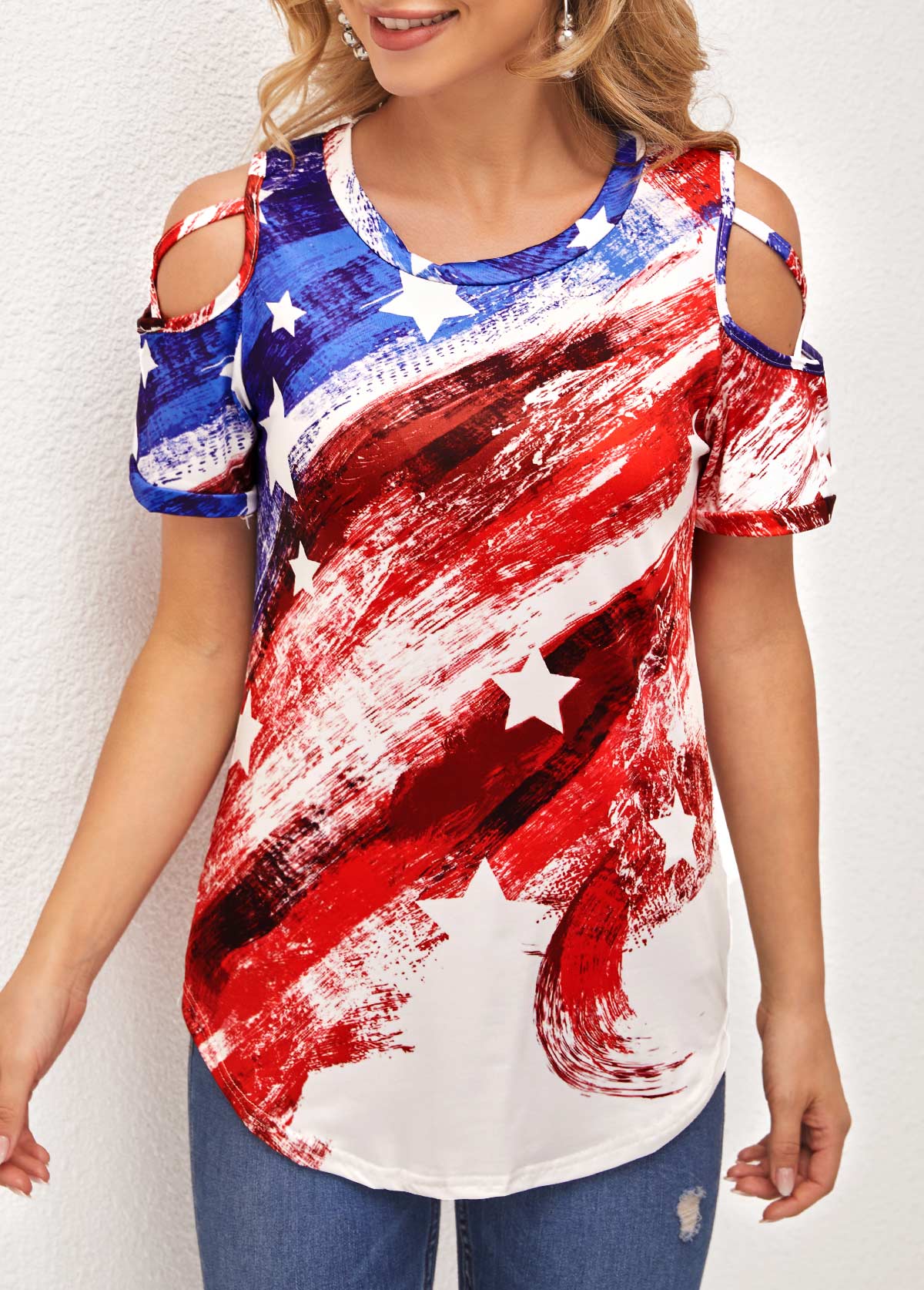 Cold Shoulder American Flag Multi Color T Shirt
