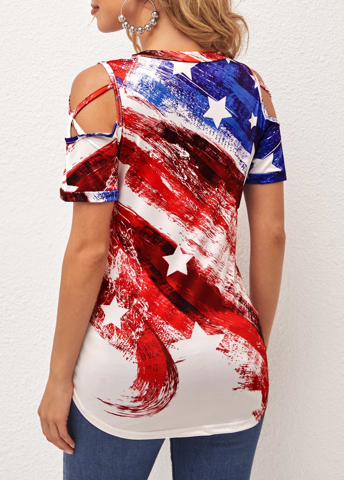 Cold Shoulder American Flag Multi Color T Shirt