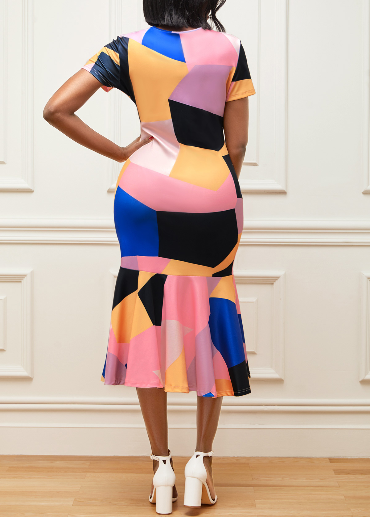 Multi Color Geometric Print Flounce Dress