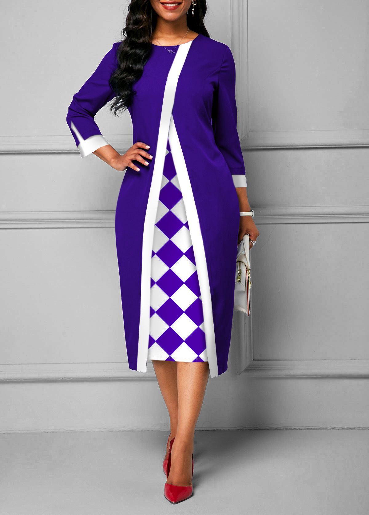 Checkered Print 3/4 Sleeve Purple Dress