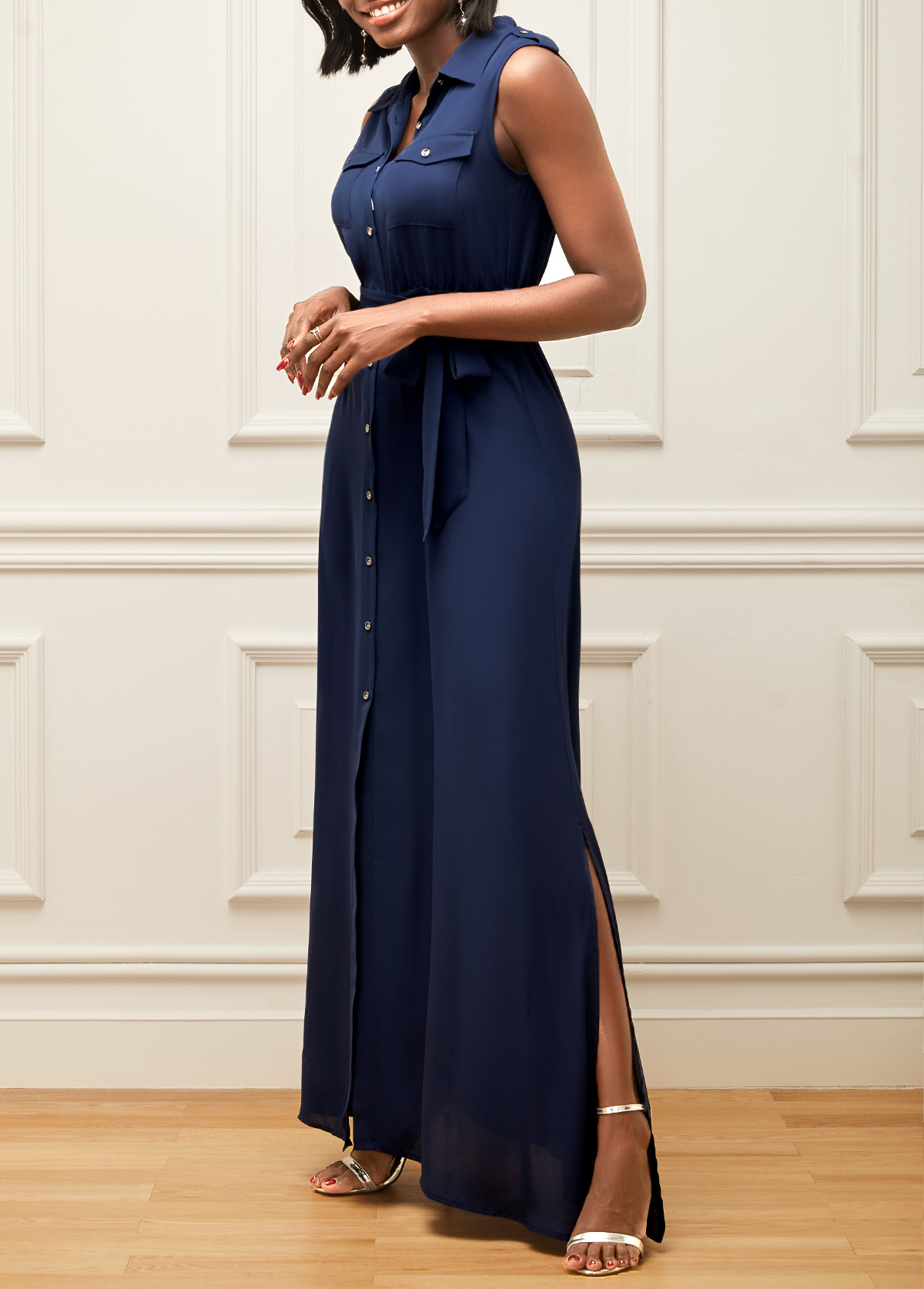 Chiffon Turndown Collar Belted Navy Blue Dress