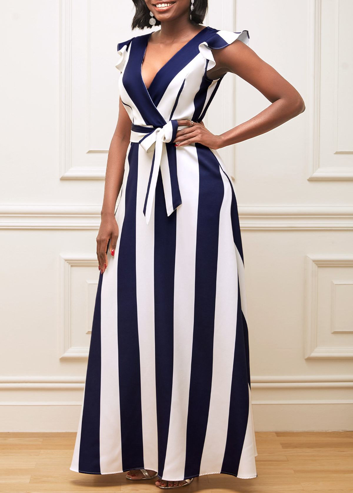 Color Block Flounce Stripe Print Belted Dress
