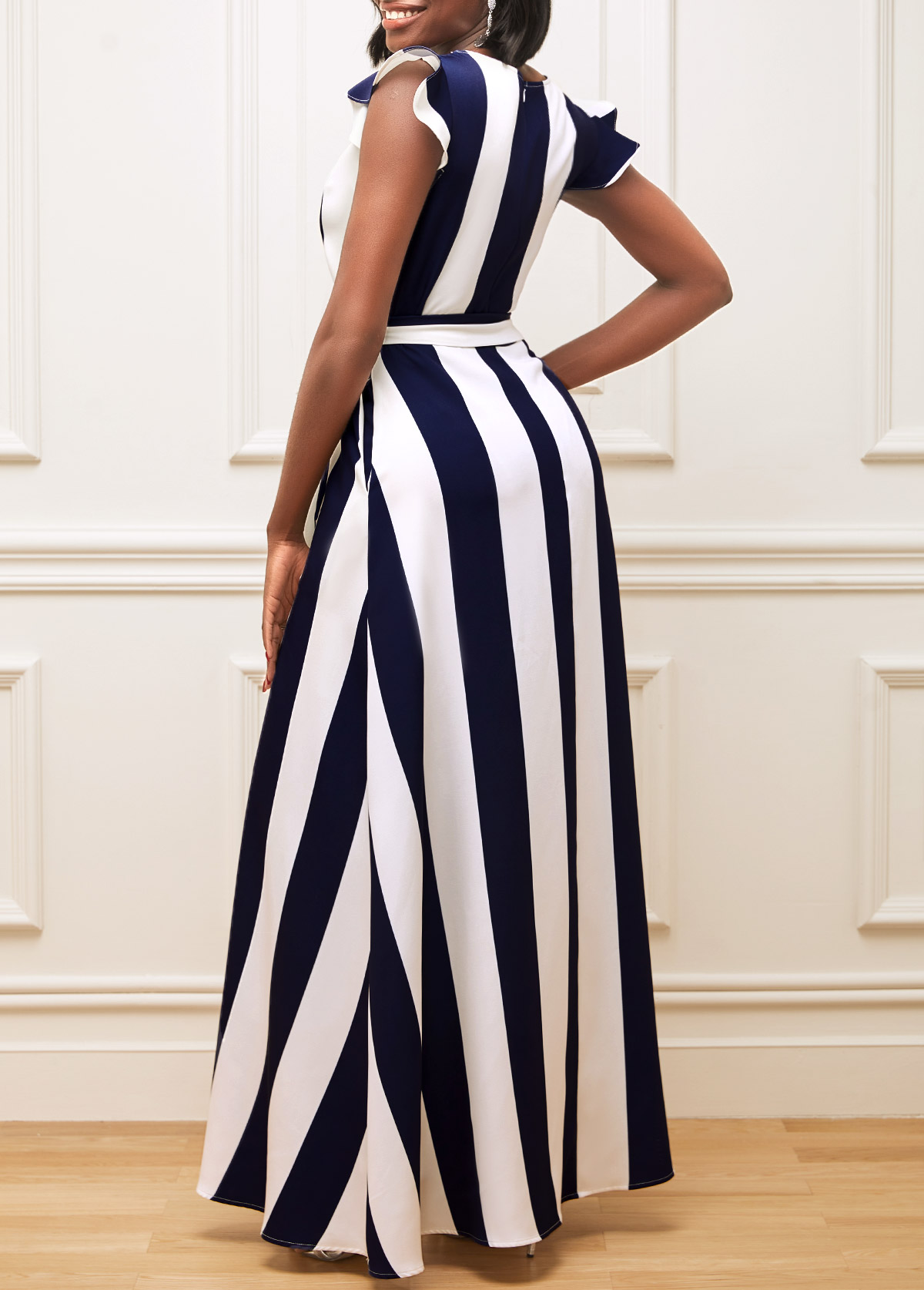 Color Block Flounce Stripe Print Belted Dress