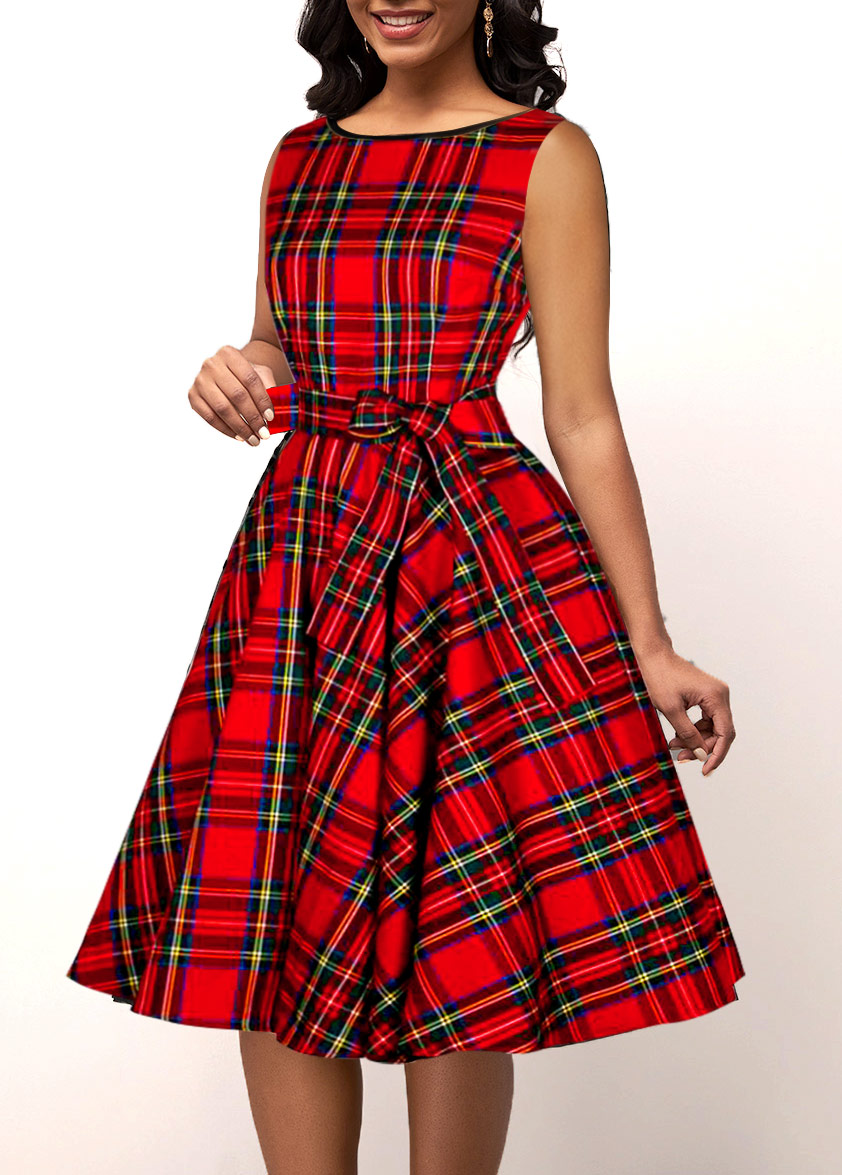 Plaid Red Sleeveless Round Neck Belted Dress