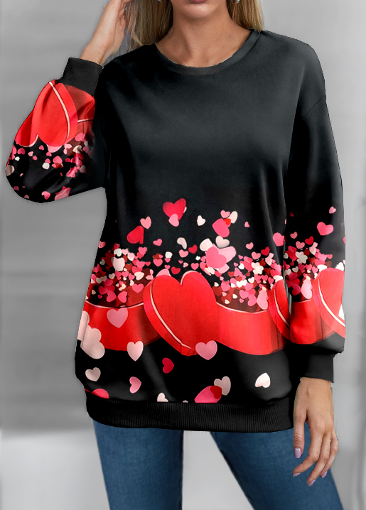 Valentines Heart Print Round Neck Black Sweatshirt