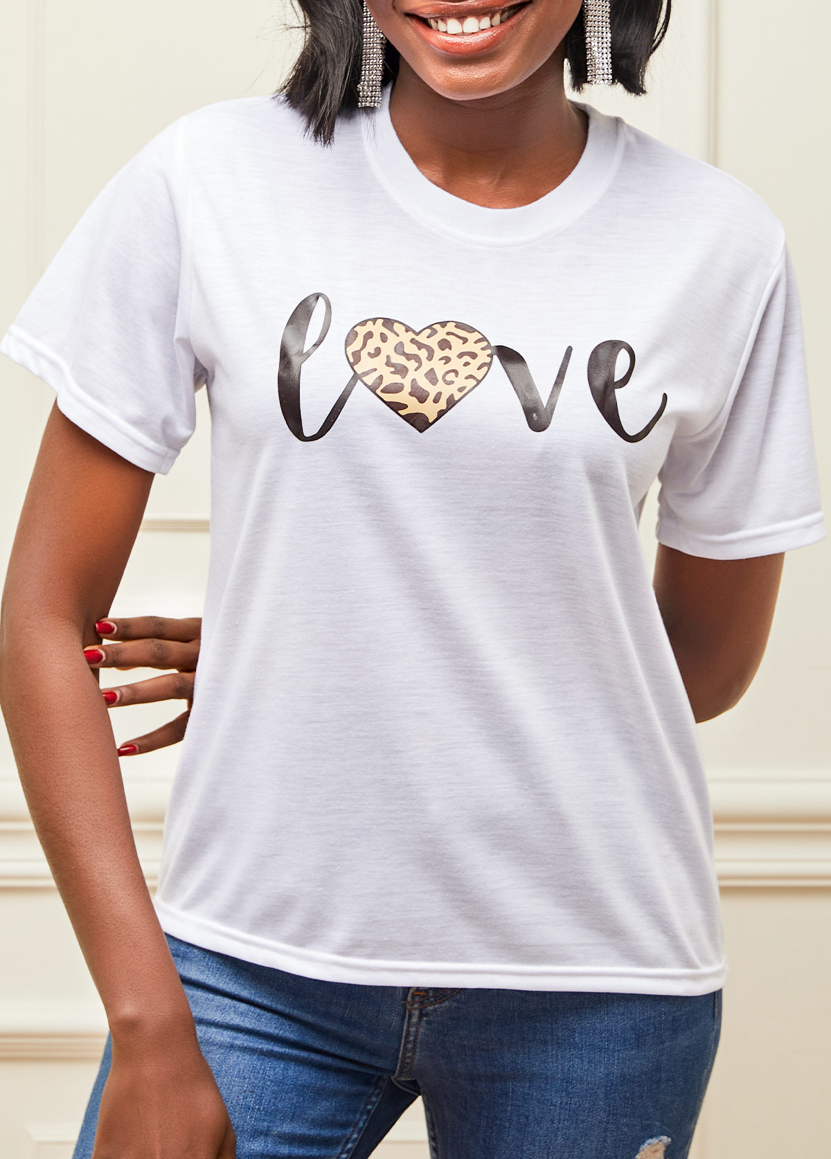 White Leopard and Heart Print Valentines T Shirt