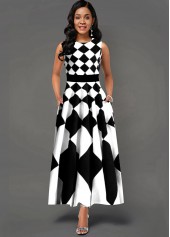 Sleeveless Geometric Print Side Poclket Maxi Dress