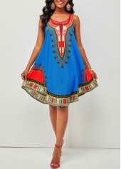 Wide Strap Tribal Print Round Neck Dress