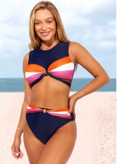 Navy Blue High Waisted Twist Contrast Bikini Set