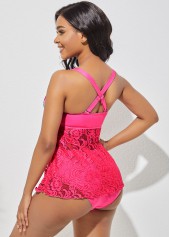 Rose Red Geometric Print Cross Strap Tankini Set