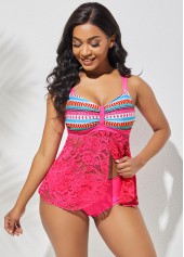 Rose Red Geometric Print Cross Strap Tankini Set