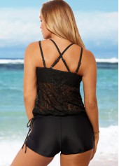 Black Lace Patchwork Tie Side Tankini Set