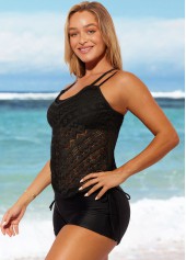 Black Lace Patchwork Tie Side Tankini Set