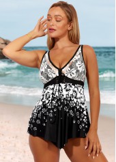 Black Floral Print Lace Patchwork Swimdress Top-No Bottom