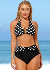 Polka Dot Black High Waisted Halter Bikini Set