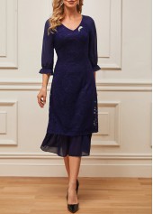 Navy Blue Lace Patchwork V Neck Dress