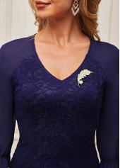 Navy Blue Lace Patchwork V Neck Dress