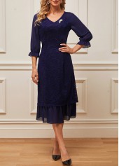 Navy Blue Lace Patchwork V Neck Dress