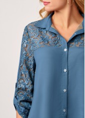 Mesh Stitching Embroidered Sequin Denim Blue Blouse