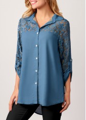 Mesh Stitching Embroidered Sequin Denim Blue Blouse