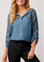Mesh Stitching Embroidered Sequin Denim Blue Blouse