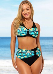 Tribal Print Black High Waisted Cross Strap Bikini Set