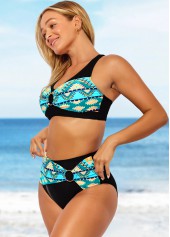 Tribal Print Black High Waisted Cross Strap Bikini Set