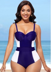 Color Block Spaghetti Strap Blue One Piece Swimwear
