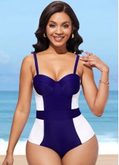 Color Block Spaghetti Strap Blue One Piece Swimwear