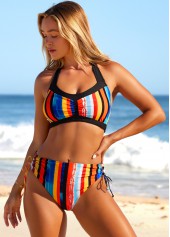 Rainbow Stripe Mid Waist Halter Bikini Set