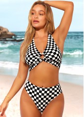 Checkered Print Color Block High Waisted Bikini Set